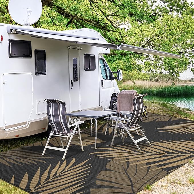 GENIMO Outdoor Rug 10' x 14' Waterproof for Patios Clearance, Reversible Outdoor Plastic Straw Camping Rug Carpet, Large Area Rugs Mats for RV, Camper, Deck, Balcony, Porch, Beach, Picnic, Black&Brown-Ruum Studio Home