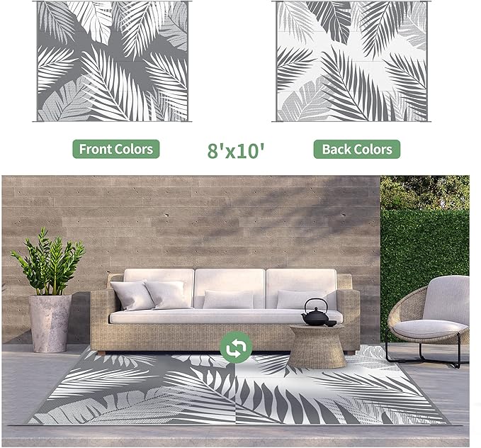 GENIMO Outdoor Rug 8' x 10' Waterproof for Patios Clearance, Reversible Plastic Straw Camping Rug Carpet, Large Area Rugs Mats for RV, Picnic, Backyard, Deck, Balcony, Porch, Beach, Grey&White-Ruum Studio Home