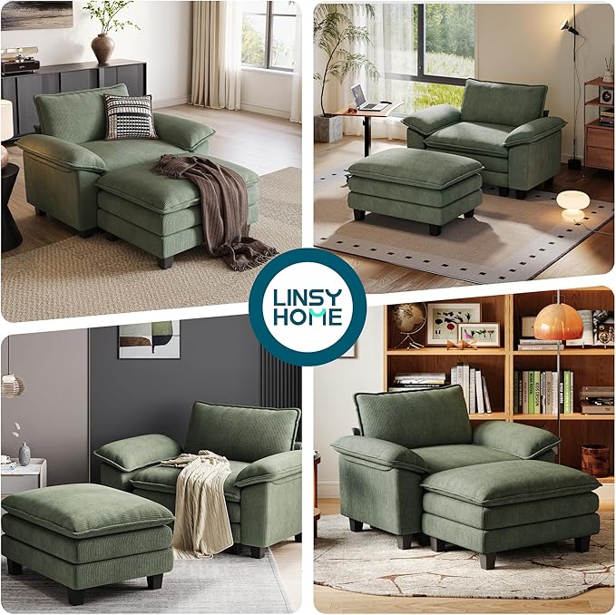 LINSY HOME Sofa Chair with Movable Ottoman - Corduroy Cloud Couch Chair Soft Comfy Modern Sofa Chaise Single Sleeper Chair Bed for Living Room Apartment Office, Green-Ruum Studio Home