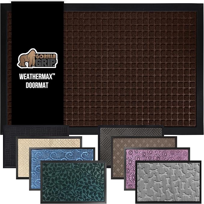 GORILLA GRIP 100% Waterproof All-Season WeatherMax Doormat, 34x58, US Designed Natural Rubber, Stain and Fade Resistant, Low Profile Indoor Outdoor Door Mats, Easy Clean Patio Mat, Coffee Squares-Ruum Studio Home