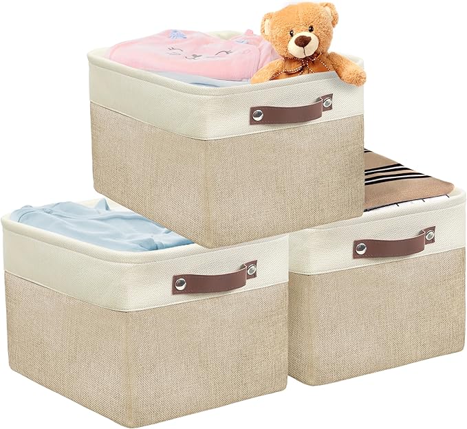 SIMPLE HOUSEWARE Large Fabric Storage Bin, 15" x 11" with Leather Like Handles, 3 Pack, Beige-Ruum Studio Home