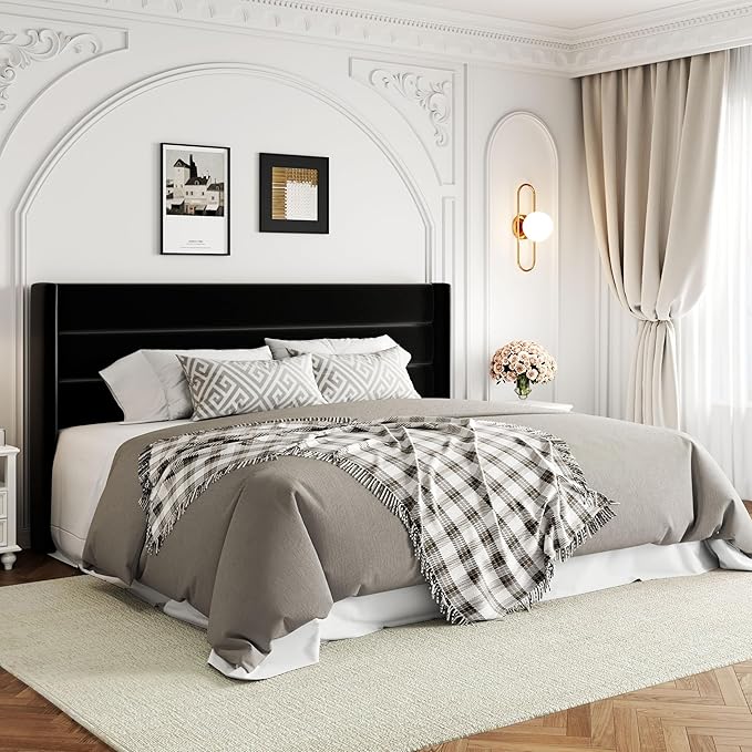 Allewie King Size Velvet Lift Up Storage Bed, Modern Wingback Headboard, Hydraulic Support, No Box Spring Needed, Black-Ruum Studio Home