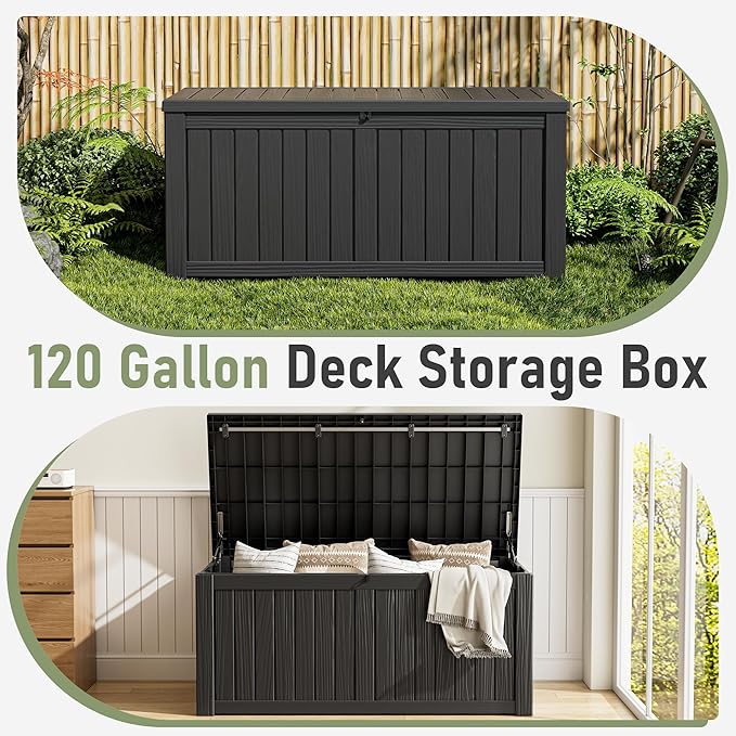 KAMABOKO Outdoor Storage Box, 120 Gallon Large Outdoor Resin Deck Box, Storage Waterproof Boxes Lockable Lid for Garden Tools, Pool Supplies, Patio Furniture and Cushions, Black-Ruum Studio Home
