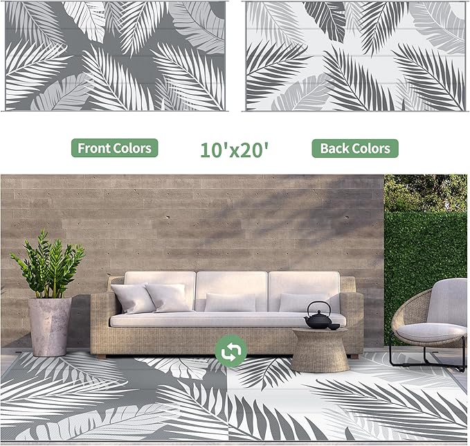 GENIMO Outdoor Rug 10' x 20' Waterproof for Patios Clearance, Reversible Outdoor Plastic Straw Camping Rug Carpet, Large Area Rugs Mats for RV, Camper, Deck, Balcony, Porch, Beach, Picnic, Grey&White-Ruum Studio Home