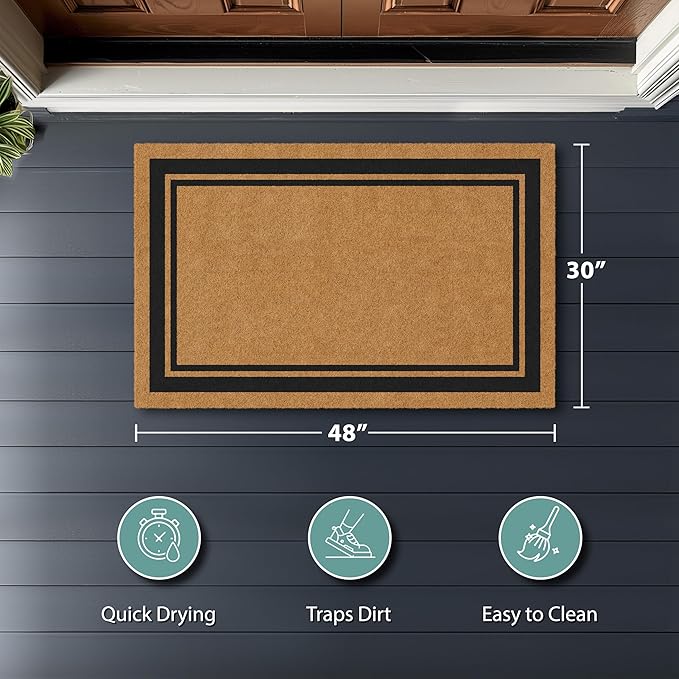 Barnyard Designs Natural Coco Coir Heavy Duty Backing Doormat - Large Cute Non-Slip Front Door Welcome Mat for Outside Entrance or Porch Entry, Brown (30x48, Border)-Ruum Studio Home