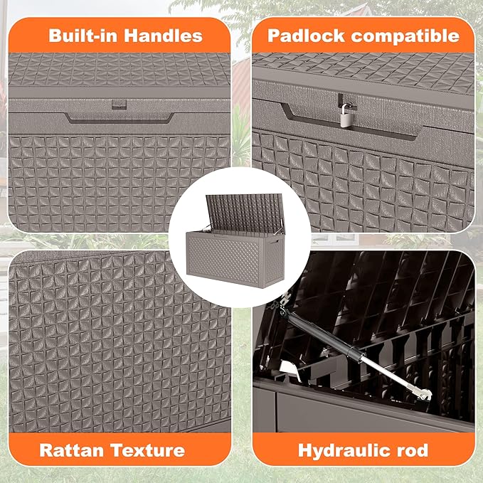 100 Gallon Resin Deck Box, Lockable Outdoor Storage Box for Patio Cushions Storage Furniture,Garden Tools, Pool Supplies, Weatherproof and UV Resistant (Grey L)-Ruum Studio Home