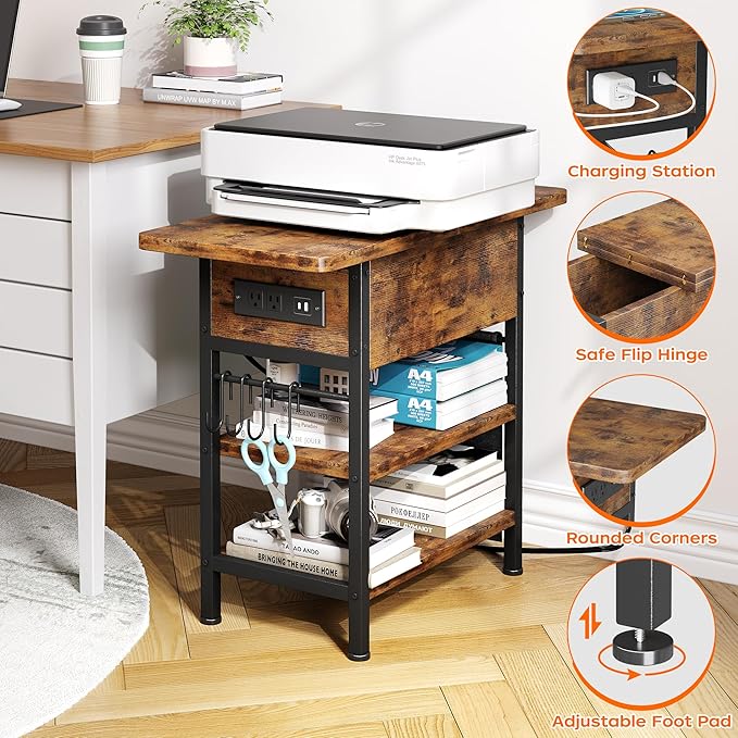 End Table with Charging Station, Flip Top Nightstand with USB Ports and Outlets, Couch Side Table with Fabric Bag and Hooks, Bedside Table for Space Saving, Living Room, Bedroom (Rustic Brown)-Ruum Studio Home