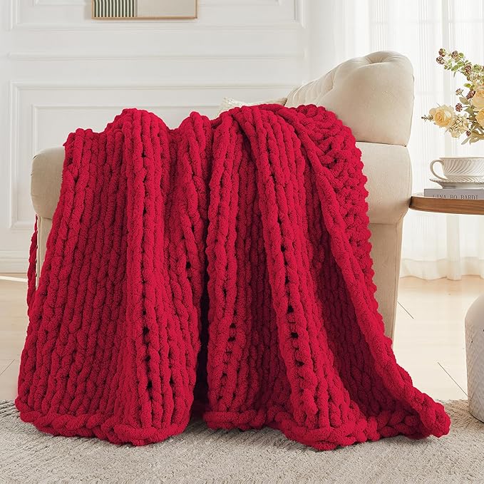 Carriediosa Chunky Knit Throw Blanket 60" X 80" Twin, 100% Hand Made Large Chenille Loop Yarn Soft Fluffy Throws for Couch Sofa Bed, Big Crochet Cozy Heavy Thick Cable Woven Blankets, Red-Ruum Studio Home