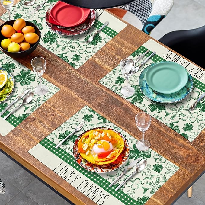 Green Shamrock St Patricks Day Placemats Set of 4 Lucky Clover Plaid Check Table Mat 12x18 Inch St. Patrick's Day Seasonal Holiday Place Mats Spring Linen Placemat for Party Kitchen Dining Decor-Ruum Studio Home