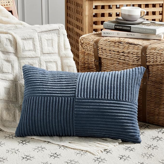 Fancy Homi 2 Packs Dusty Blue Lumbar Decorative Throw Pillow Covers 16x32 Inch for Couch Bed Sofa, Rustic Farmhouse Boho Home Decor, Soft Striped Corduroy Rectangle Accent Cushion Case 40x80 cm-Ruum Studio Home