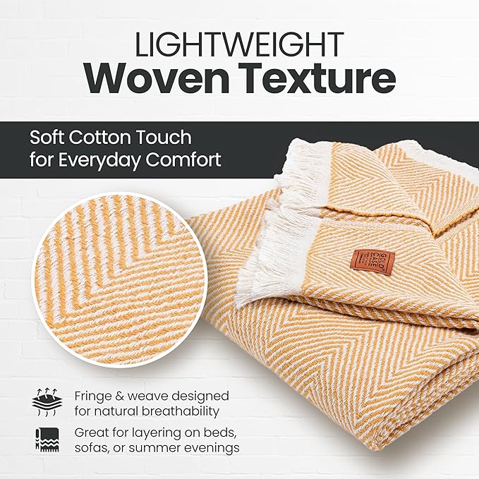 Gold Case Throw Blanket for Couch – 100% Recycled Turkish Cotton Blankets & Throws – Elegant Decorative Throw Blankets for Living Room Sofa – Woven Throws for Couch – Elegant Mustard – 60x80-Ruum Studio Home