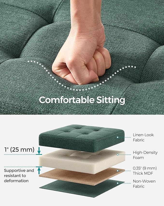 SONGMICS MAZIE Collection - 43 Inches Folding Storage Ottoman Bench, Ottoman Foot Rest, End of Bed Bench, Storage Chest, Load 660 lb, for Living Room, Bedroom, Entryway, Retro Green ULSF077C01-Ruum Studio Home
