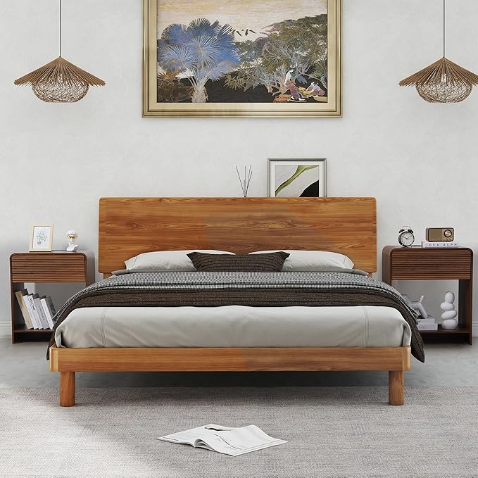 Fluted Nightstand Set of 2 with Charging Station, Modern Bed Side Table End Table with Drawer Storage, Large Wooden Night Stands Bedside for Bedroom Living Room Sofa Office, Walnut 2 Sets-Ruum Studio Home