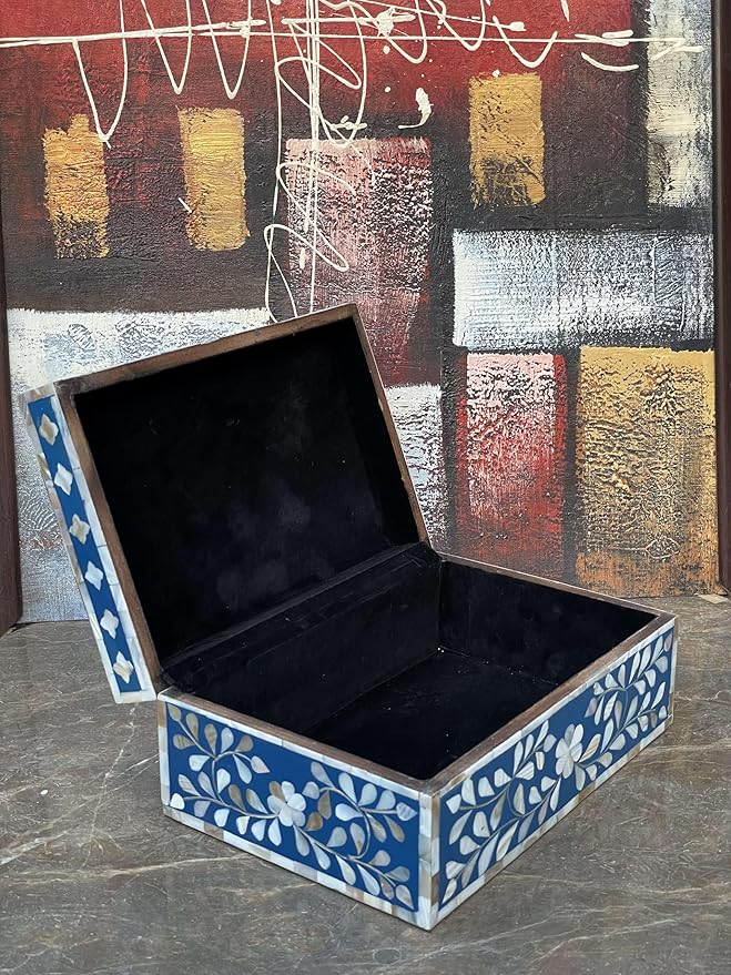 Decorative Storage Box Of Mother Of Pearl Inlay Floral Design Wooden Storage Box For Home Decoration For Living Dining & Bedroom (Navy Blue_12x8x5 inch)-Ruum Studio Home