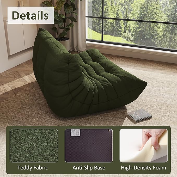 Bean Bag Chair, Oversized Loveseat Fireside Chair for Adults, 2 Seater with Memory Foam Filled, Lazy Sofa Lounge Floor Sofa for Living Room, Bedroom, Office, No Assembly Required. (Green)-Ruum Studio Home