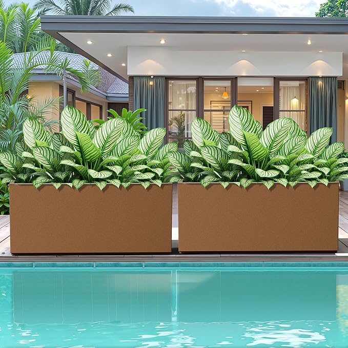 FENCY Large Metal Planter, Large Rectangular Planters for Outdoor Plants, Tall Outdoor Planters for Porch Patio, 38" L x 15" W x 16.3" H Brown Metal Planter with Drainage Hole-Ruum Studio Home