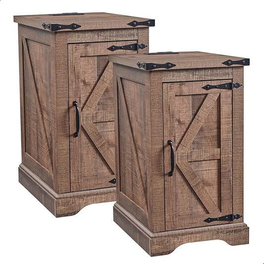 JXQTLINGMU Farmhouse Nightstand Set of 2 with Charging Station, 17"D Rectangular End Table with Barn Door & Adjustable Storage Shelf, Wood Rustic Sofa Side Table for Living Room, Bedroom, Light Brown-Ruum Studio Home