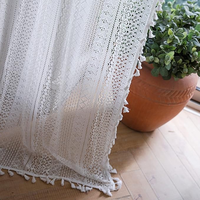 Sutuo Home Boho Sheer Curtain Valance Crochet Lace with Bohemian Hollow Knitted Handmade Tassels, Short Farmhouse Window Treatment for Kitchen Cafe, Rod Pocket, 1 Panel 59" W x 24" L, White-Ruum Studio Home