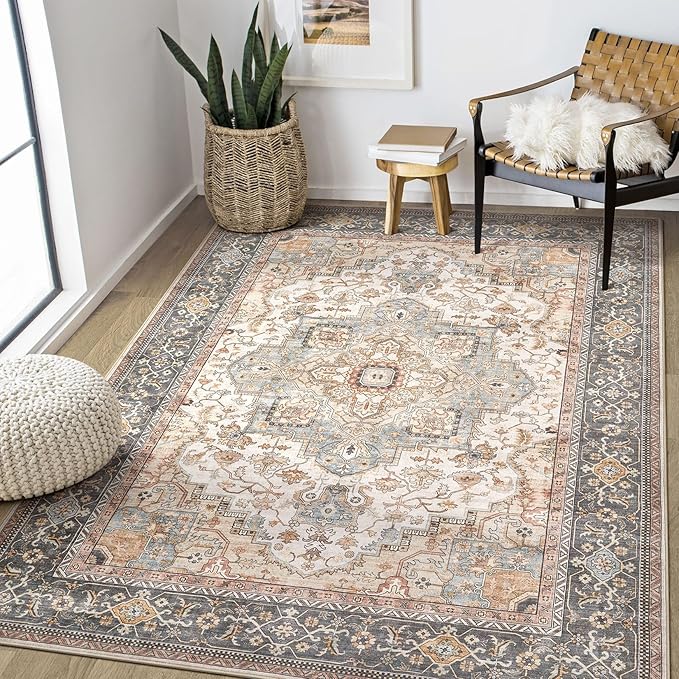 Washable Area Rugs for Living Room - 5x7 Neutral Vintage Distressed Floral Farmhouse Boho Large Soft Floor Rug Indoor Non Slip Carpet for Bedroom Dining Room Office - Forest Green Orange-Ruum Studio Home