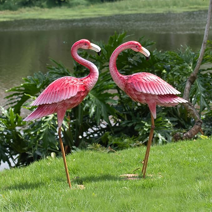 Kircust Flamingo Garden Sculpture & Statues, Metal Birds Yard Art Outdoor Statue, Large Pink Flamingo Lawn Ornaments for Home, Patio, Backyard Decor (2-Pack)-Ruum Studio Home