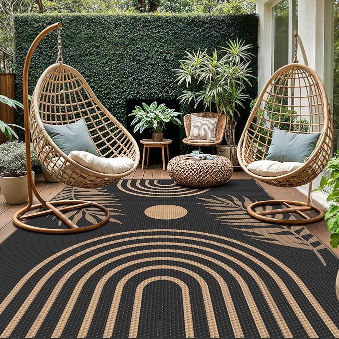 GENIMO Outdoor Rug 9' x 12' Waterproof for Patio Clearance, Reversible Lightweight Plastic Straw Camping Carpet, Large Area Rugs Mats for Rv, Backyard, Deck, Porch, Picnic, Balcony, Mix-Black & Brown-Ruum Studio Home