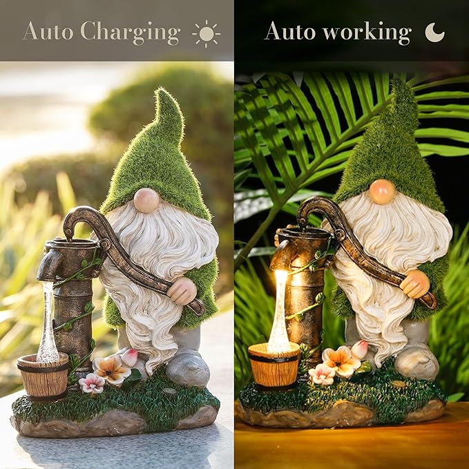 TERESA'S COLLECTIONS Garden Gnomes Decor with Solar Lights, Fathers Gifts, Green Outdoor Resin Decorations for Porch Patio, Gnome Ornaments for Dad and Mom，9"-Ruum Studio Home