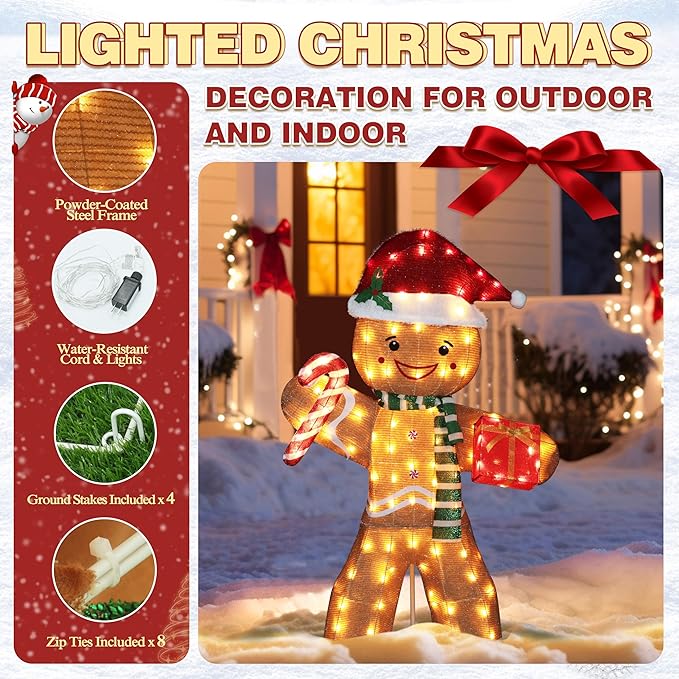 5FT Gingerbread Man with Candy Cane and Gift Box Decoration, 2.5D Pre-Lit Gingerbread Man Decor with 120 LED Lights for Christmas, Freestanding Glittered Holiday Display for Outdoor, Indoor-Ruum Studio Home