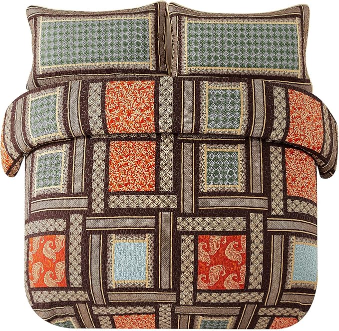NEWLAKE Cotton Patchwork Bedspread, 3-Piece Bedding Quilt Set with Real Stitched Embroidery, Reversible Matelasse Bed Coverlet Set,Bohemian Farmhouse,Queen Size-Ruum Studio Home