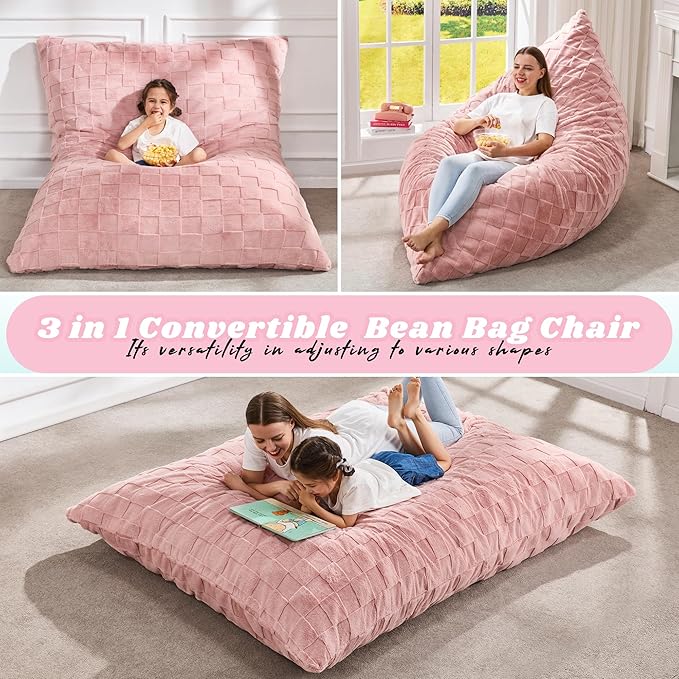 Hobestluk 3 in 1 Bean Bag Chair Giant Bean Bag Chairs for Adults with Plaid Cover Convertible Bean Bag Floor Cushion with Machine Washable Cover for Living Room (Plaid Pink)-Ruum Studio Home