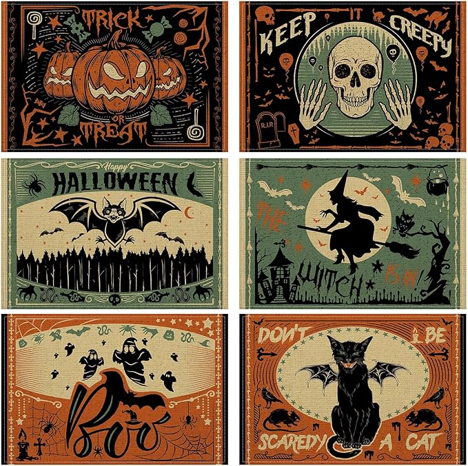 Umigy 6 Pcs Halloween Placemats 12"x18" Gothic Bat Placemats Kitchen Decoration Washable Witch Place Mats Rectangle Skull Table Mats for Halloween Dining Table Accessories(Scary)-Ruum Studio Home
