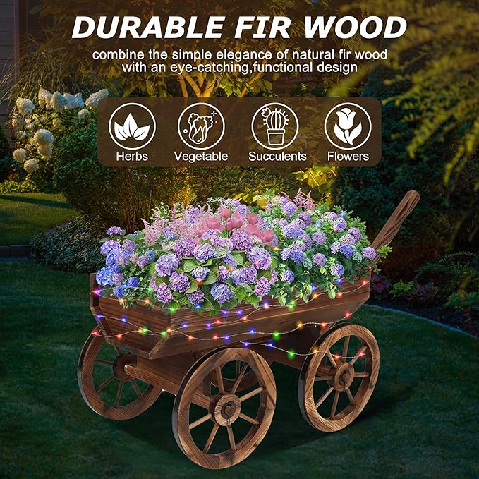 Garden Wooden Decor Rustic Flower Pot,Planters Wagon Indoor Outdoor Backyard Balcony Decor,for Outside Garden Decor Wheelbarrow Planter for Patio (Wooden Wagon with Light)-Ruum Studio Home