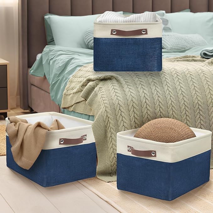 SIMPLE HOUSEWARE Large Fabric Storage Bin, 15" x 11" with Leather Like Handles, 3 Pack, Steel Blue-Ruum Studio Home