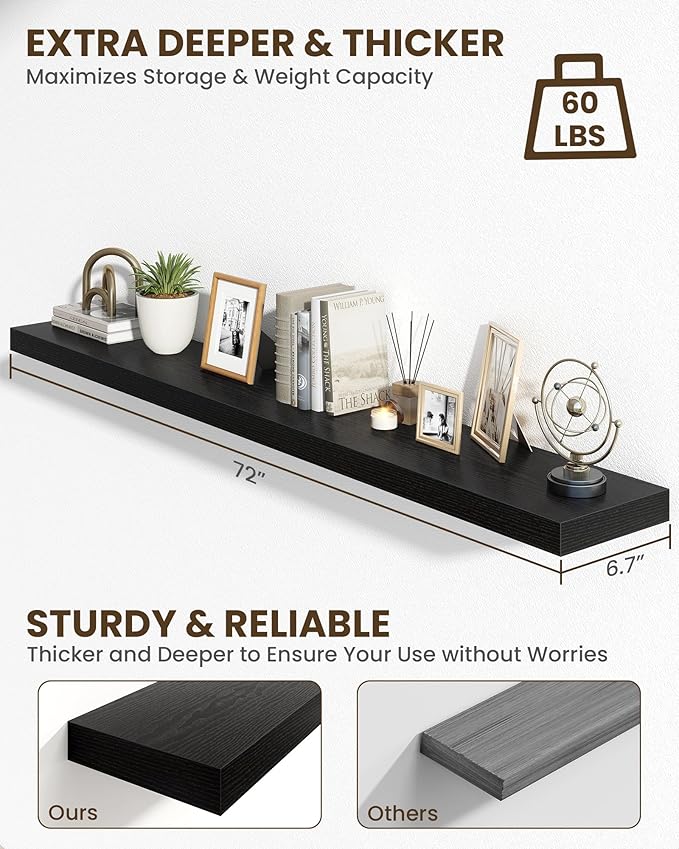 Marsmiles 72" Floating Shelves for Wall, Wooden Shelves with Invisible Brackets Set of 2, Rustic Farmhouse Wall Mounted Shelf for Kitchen Bathroom Living Room Study, Black-Ruum Studio Home