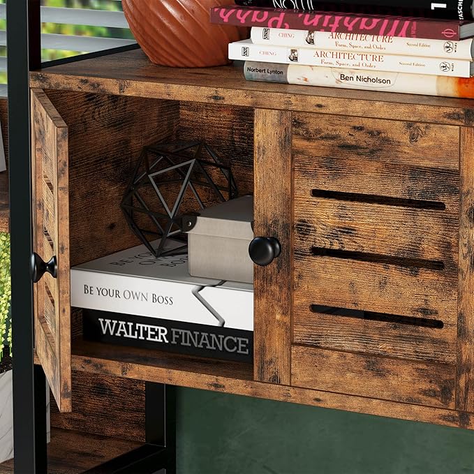 IRONCK Industrial Bookshelf and Bookcase with 2 Louvered Doors 5 Tiers Triple Wide Display Shelf with Storage Cabinet for Living Room Home Office-Ruum Studio Home