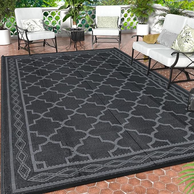 GAOMON Outdoor Plastic Straw Rug, 10'x14' Reversible Sage Green Patio Mat, Flower Modern Design for RV, Backyard, Deck, Camping, Picnic, Black/Grey(Geometric)-Ruum Studio Home