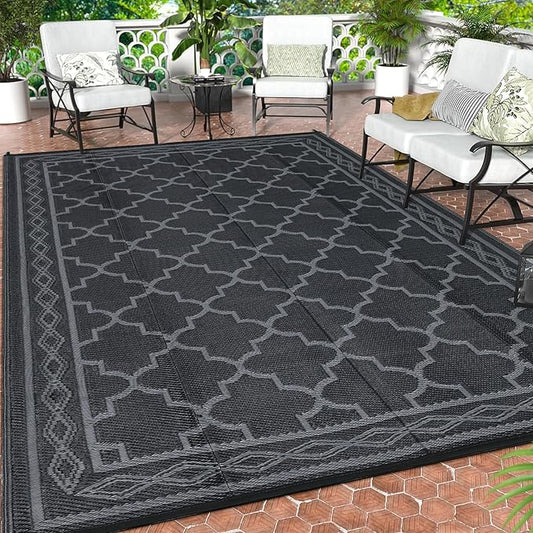 GAOMON Outdoor Rug 9'x12' Waterproof Rug for Patio Decor, Foldable Reversible Plastic Straw Area Rugs Mat for Camper, Outside Carpet for Deck, Porch, Picnic, Beach, Black/Grey(Geometric)-Ruum Studio Home