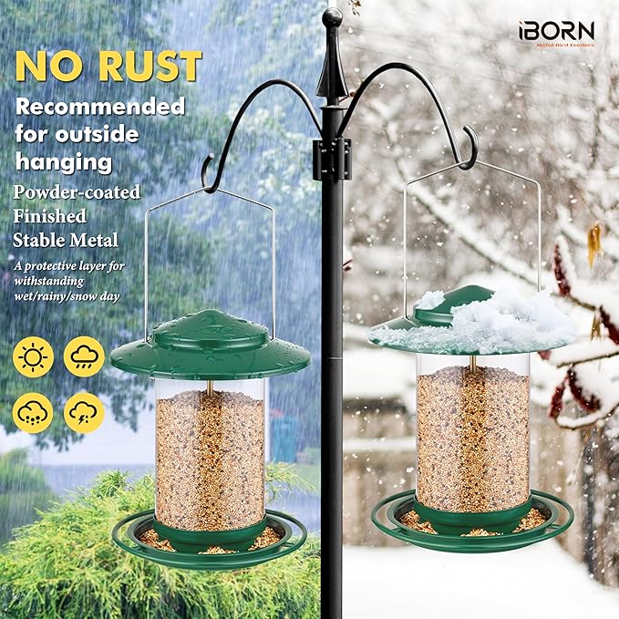 iBorn Metal Bird Feeders for Outdoors Hanging,Wild Bird Feeders for Cardinal,18cm Large Roof&Tray New Green 6 Port (Seed is not Included)-Ruum Studio Home