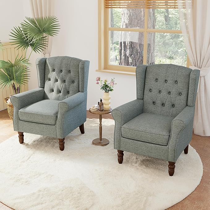Lumibee High Back Accent Chair Set of 2,Upholstered Wingback Armchair with Solid Wood Legs for Small Spaces,Comfy Single Sofa Chair for Living Room,Bedroom,Office-Gray-Ruum Studio Home