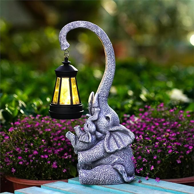 Elephant Outdoor Statues with Cute Baby Garden Decor, Resin Elephant Figurines with Solar Lantern Outdoor Decoration Gifts for Mothers Day, Birthday Day-Ruum Studio Home