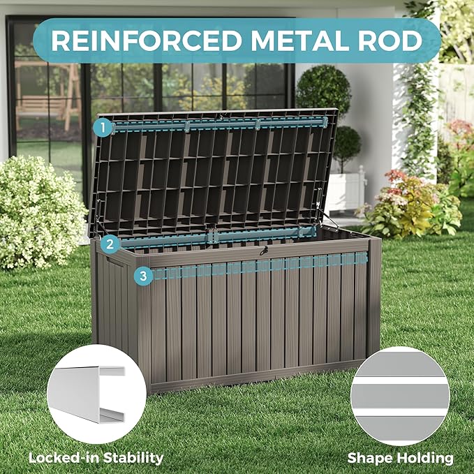 KAMABOKO Outdoor Storage Box, 150 Gallon Large Outdoor Resin Deck Box, Storage Waterproof Boxes Lockable Lid for Garden Tools, Pool Supplies, Patio Furniture and Cushions, Grey-Ruum Studio Home