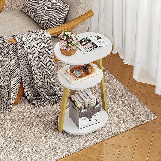 Side Table, Small End Table with Metal Frame, 3-Tier Bedside Tables, Round Side Tables for Living Room Bedroom Couch Bathroom, Oval, White-Ruum Studio Home