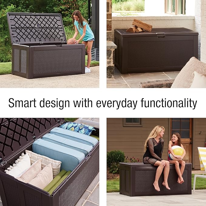 Rubbermaid Extra Large Resin Outdoor Storage Deck Box (134 Gal), Weather Resistant, Brown, Deck Organization for Home/Backyard/Pool Chemicals/Toys/Garden Tools/Porch/Patio Cushions-Ruum Studio Home