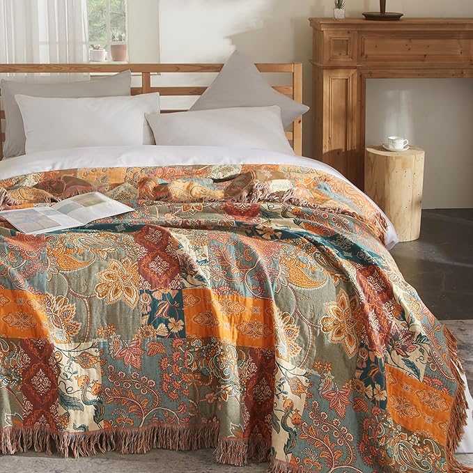 Boho Throw Blanket for Couch Sofa Bed, 100% Cotton Woven Quilt with Tassel 60”x80”, Super Soft Muslin Blanket with Floral Printed, Decorative Reversible Bed Blanket/Cover for All Seasons-Ruum Studio Home