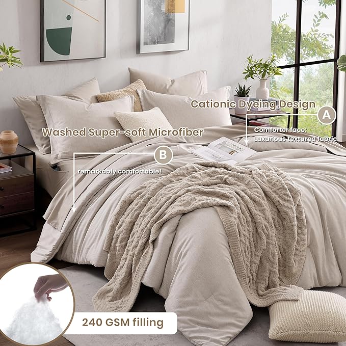 Monbix Queen Comforter Set - 7 Pieces Cationic Dyeing Oatmeal Beige Bed in a Bag Queen Bedding Sets with Comforter, Sheets, Pillowcases & Shams, Reversible Bedding Comforters Sets-Ruum Studio Home