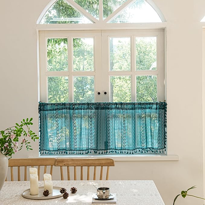 Sutuo Home Boho Valance Curtains for Kitchen Crochet Lace Sheer Bohemian Hollow Knitted with Tassels, Privacy Vintage Rustic Farmhouse Drapes, Rod Pocket 1 Panel 59" W x 18" L, Turquoise-Ruum Studio Home