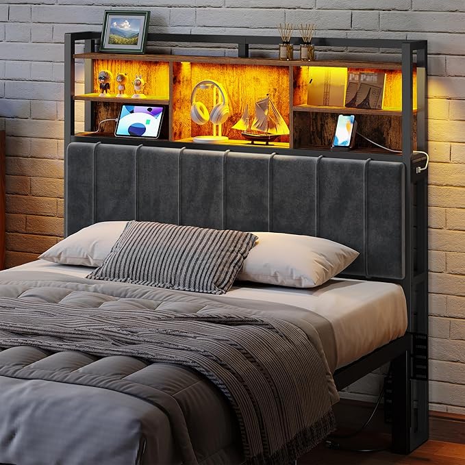 Headboard with 3-Tier Storage Shelves, Velvet Upholstered Head Board with 2 Outlets, USB Ports & LED Light, Soft Backrest for Full Size Bed, Rustic Brown and Black BH13801B-Ruum Studio Home
