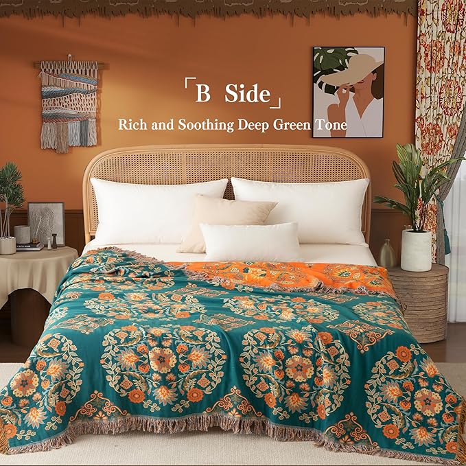 Boho Throw Blanket Twin Size, Soft Cozy Cotton Muslin Quilt Blanket for Bed Decor, Floral Patterned Couch Sofa Chair Cover, Vintage Farmhouse Cottage Tapestry Woven Blanket, Orange&Green-Ruum Studio Home