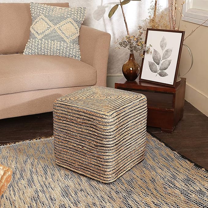 REDEARTH · Cube Pouf Foot Stool Ottoman - Jute Braided Pouffe Poof Accent Sitting Footrest for The Living Room, Bedroom, Nursery, Lounge 50% Jute 50% Cotton Set of 2 (14.5”x14.5”x16”; Natural Black)-Ruum Studio Home