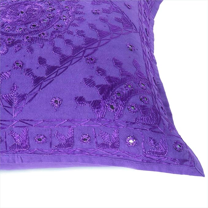 Eyes of India Embroidered Decorative Boho Throw Pillow Cover with Mirrors, Handmade Bohemian Accent Cushion Case for Sofa Couch Bedroom Living Room (Purple, 24" x 24")-Ruum Studio Home