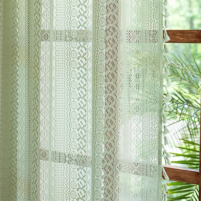 Sutuo Home Boho Curtains for Bedroom Dining Room, Bohemian Crochet Lace Hollow Knitted Handmade Tassels Vintage Rustic Window Treatment Farmhouse Drapes, 1 Panel Rod Pocket 59" W x 96" L, Mint Green-Ruum Studio Home